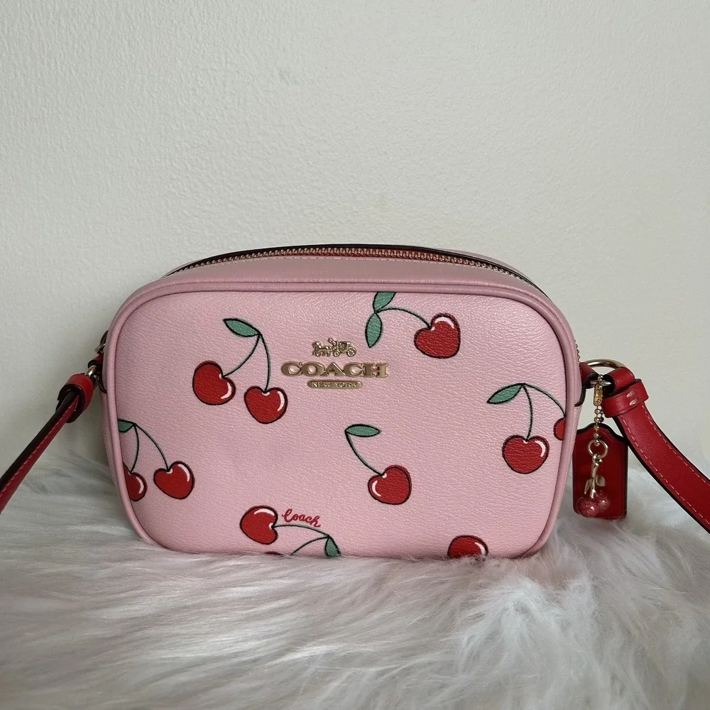 Coach Jamie Camera‎ Bag Pink Cherry Print Pebbled Leather Crossbody Excellent